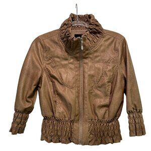 Therapy Women's Faux Leather Motorcycle Jacket Ruffled Long Sleeve Full-Zip Jack